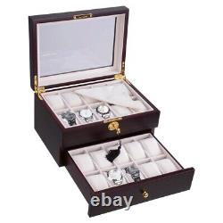 20 Slot Ebony Wood Watch Box Display Case Glass Top Jewelry Storage Organizer
