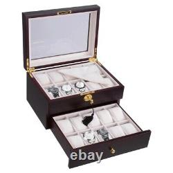 20 Slot Watch Jewelry Box Display Case Ebony Glass Top Jewelry Organizer