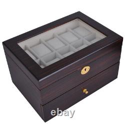 20 Slot Watch Jewelry Box Display Case Ebony Glass Top Jewelry Organizer