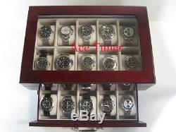 20 Watch Glass Top Rosewood Display Case Large Watches Up to 60mm + Free Cloth