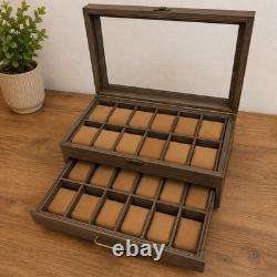24 Slot Watch Box 2 Tier Display Case Glass Top Jewellery Storage Organizer