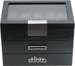 30 Black Ebony Wood Watch Extra Height Clearance Box Display Case 3 Level Storag