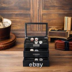 30 Black Ebony Wood Watch Extra Height Clearance Box Display Case 3 Level Storag