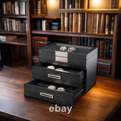 30 Black Ebony Wood Watch Extra Height Clearance Box Display Case 3 Level Storag
