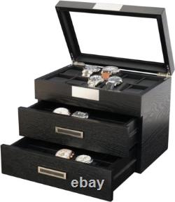 30 Black Ebony Wood Watch Extra Height Clearance Box Display Case 3 Level Storag