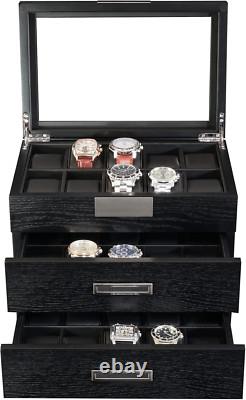 30 Black Ebony Wood Watch Extra Height Clearance Box Display Case 3 Level Storag
