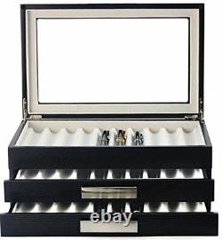 30 Pen slot Fountain Ebony Wood glass Display Case Organizer Storage Box Jewelry