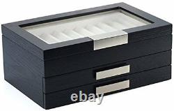 30 Pen slot Fountain Ebony Wood glass Display Case Organizer Storage Box Jewelry