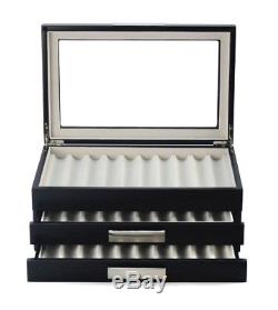 30 Piece Black Ebony Wood Three Level Pen Display Case with Glass Window