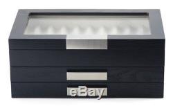 30 Piece Black Ebony Wood Three Level Pen Display Case with Glass Window