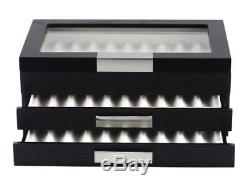 30 Piece Black Ebony Wood Three Level Pen Display Case with Glass Window