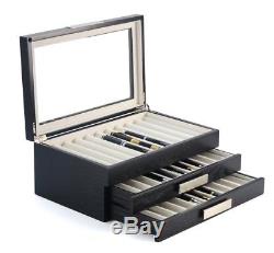 30 Piece Black Ebony Wood Three Level Pen Display Case with Glass Window