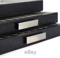 30 Piece Black Ebony Wood Three Level Pen Display Case with Glass Window