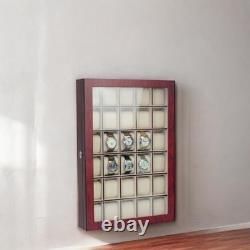 30-Piece Cherry Wood Watch Display Case, Wall-Mounted Storage Organizer