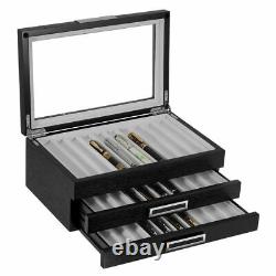 30 Piece Personalized Black Ebony Wood Three Level Fountain Pen Display Case Box