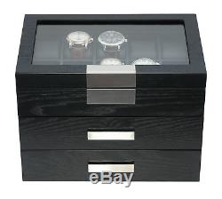 30 Watch Black Ebony Wood Display Case Drawer Storage Box Stainless Steel