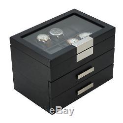 30 Watch Black Ebony Wood Display Case Drawer Storage Box Stainless Steel