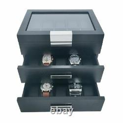 30 Watch Black Wood Display Case Extra Height Drawer Storage Box Stainless Steel