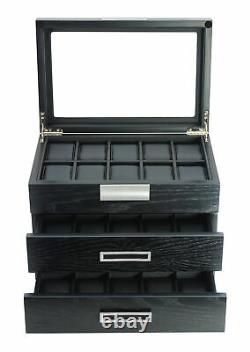 30 Watch Black Wood Display Case Extra Height Drawer Storage Box Stainless Steel