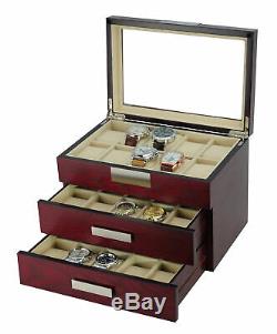 30 Watch Cherry Wood Display Case Drawer Storage Organizer Box Stainless Steel