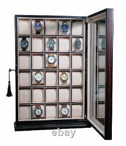 30 Watch Ebony Walnut Wood Display Wall Case Stand Storage Organizer Box Hang