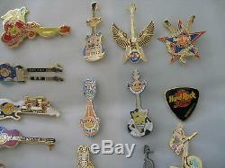 38X Hard Rock Cafe Guitar World Collectible Pins with Wood Glass Display Case LOT