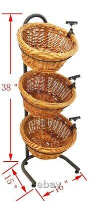 3 Tier Basket Display Produce Rack Vegetable Stand with Sign Clip Wicker Baskets