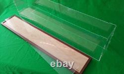 42L x 7W x 14H display case with 3/16 thick acrylic brown wood frame base