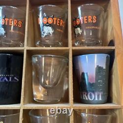 42 Wood Shot Glass Display Case Wall Shelf 40 Hooters Music Travel Sports Bar