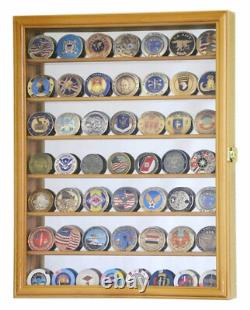49 Challenge Coin Display Case Mirrored Oak Military Cabinet Wood Shadow Box