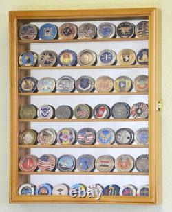 49 Challenge Coin Display Case Mirrored Oak Military Cabinet Wood Shadow Box
