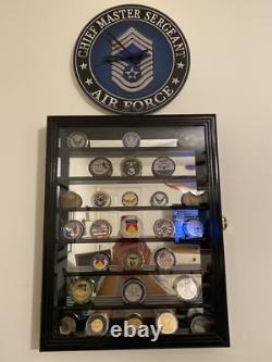 49 Challenge Coin Display Case Mirrored Oak Military Cabinet Wood Shadow Box