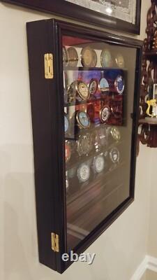 49 Challenge Coin Display Case Mirrored Oak Military Cabinet Wood Shadow Box