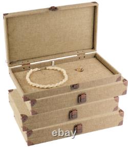 4Pc Jewelry Display Case Jewelry Burlap Case Solid top Wooden Case withFlat Liners