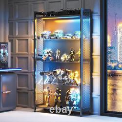 4 Tier Display Case Cabinet w LED Lights Glass Shelves Curio Black Storage
