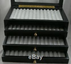 52-Pen Glass Top & 3 Drawer Black With Gold Trim Pen Display & Storage Chest