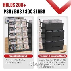 5-Tier Wooden Trading Card Display Case with 2 Drawers, Holds 200+ Graded Cards