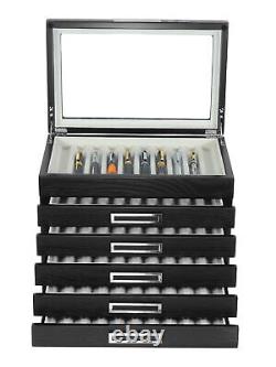 60 Piece Black Ebony Wood Six Level Pen Display Case Black Handle Glass Window