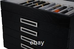 60 Piece Black Ebony Wood Six Level Pen Display Case Black Handle Glass Window