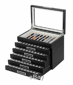60 Piece Black Ebony Wood Six Level Pen Display Case Black Handle Glass Window