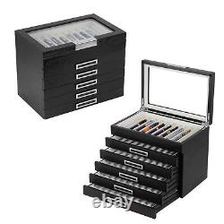 60 Piece Black Ebony Wood Six Level Pen Display Case Black Handle Glass Window