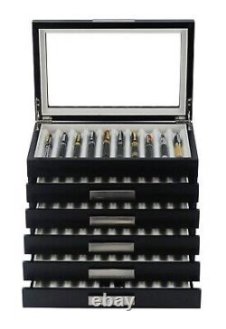 60 Piece Black Ebony Wood Six Level Pen Display Case Glass Window