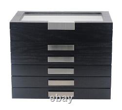 60 Piece Black Ebony Wood Six Level Pen Display Case Glass Window