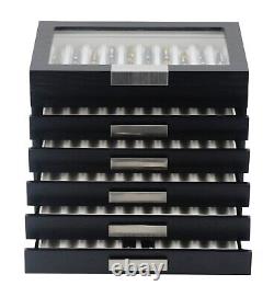 60 Piece Black Ebony Wood Six Level Pen Display Case Glass Window