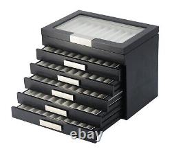 60 Piece Black Ebony Wood Six Level Pen Display Case Glass Window