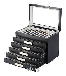 60 Piece Black Ebony Wood Six Level Pen Display Case Glass Window