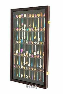 60 Spoon Rack Display Case Holder Wall Cabinet, UV Protection, Lockable (Cherry)
