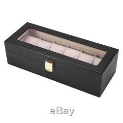 6Slot Black Leather Wood Watch Box Display Case Organizer Jewelry Storage Holder