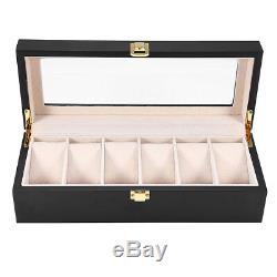 6Slot Black Leather Wood Watch Box Display Case Organizer Jewelry Storage Holder