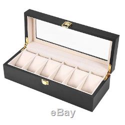 6Slot Black Leather Wood Watch Box Display Case Organizer Jewelry Storage Holder